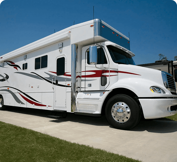 Large motorhome under blue sky