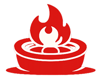A stylized red flame over a circular base with a white central figure.