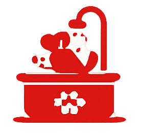 A red and white illustration of a dog and cat in a pet bathtub.