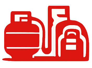 Red and white abstract shapes resembling bottles and containers.