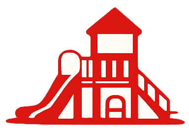 Red playground structure with slide and climbing features.