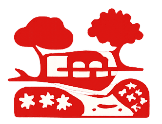 Red and white stylized image of a tank with explosions and trees.