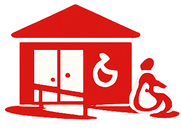 Red icon of an accessible building with a wheelchair symbol and a person sitting nearby.