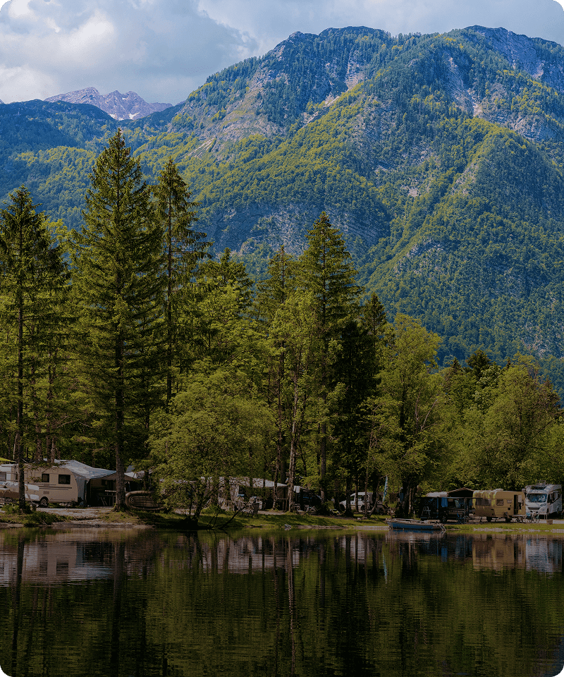 Scenic campsite by a tranquil lake