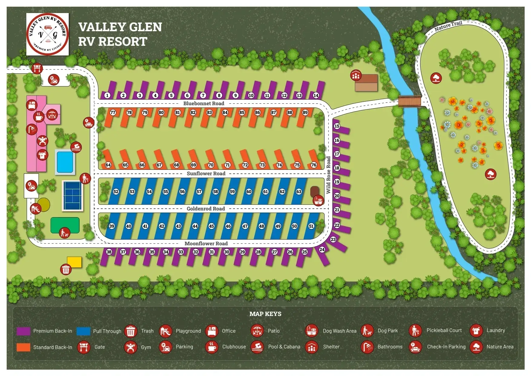 Map of Valley Glen RV Resort layout.